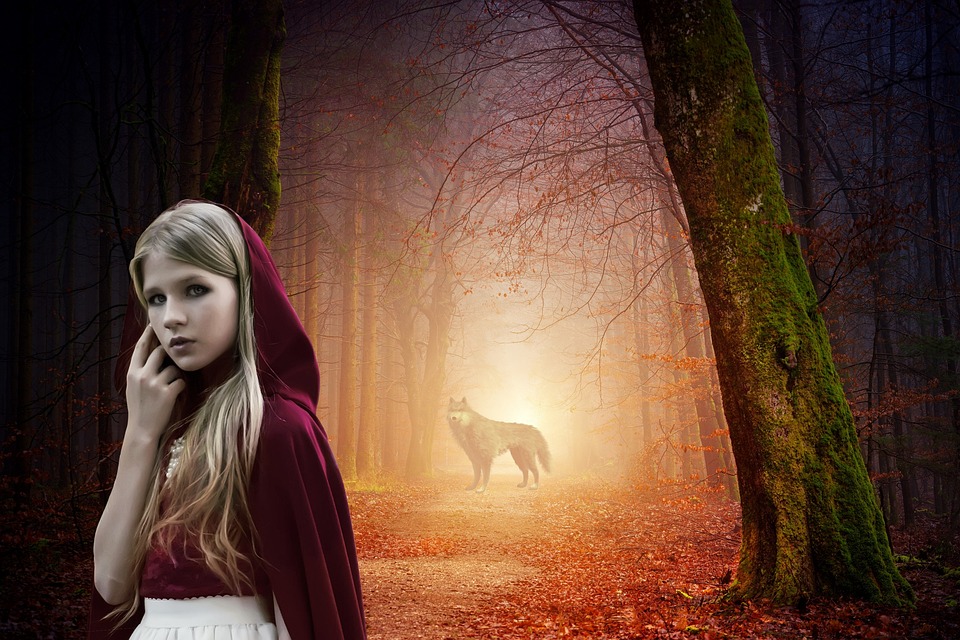 Image of a path through mossy trees with leaves on the ground. In the foreground is a young woman who looks like Little Red Riding Hood. In the background, further down the path, is a fading image of a wolf.