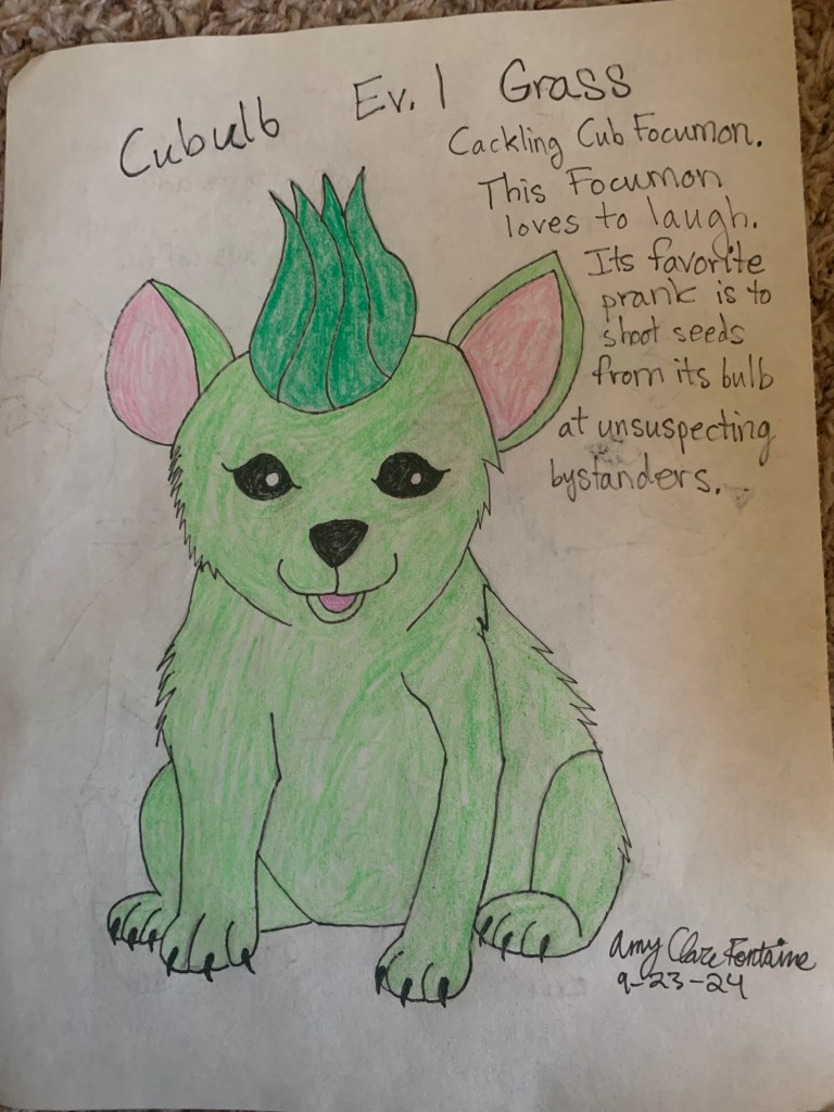 Drawing of a green hyena cub with a bulb on its head. Text: "Cubulb. Ev 1. Grass. Cackling Cub Focumon. This Focumon loves to laugh. Its favorite prank is to shoot seeds from its bulb at unsuspecting bystanders."