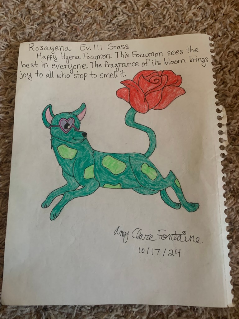 Drawing of a spotted hyena with rose-tinted, heart-shaped suglasses and a rose on the end of its tail. Text: "Rosayena. Ev. III. Grass. Happy Hyena Focumon. This Focumon sees the best in everyone. The fragrance of its bloom brings joy to all who stop to smell it."