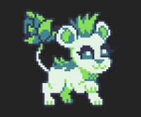 Pixel art of a shaggy green hyena with a bud on its tail by Milton Ren.